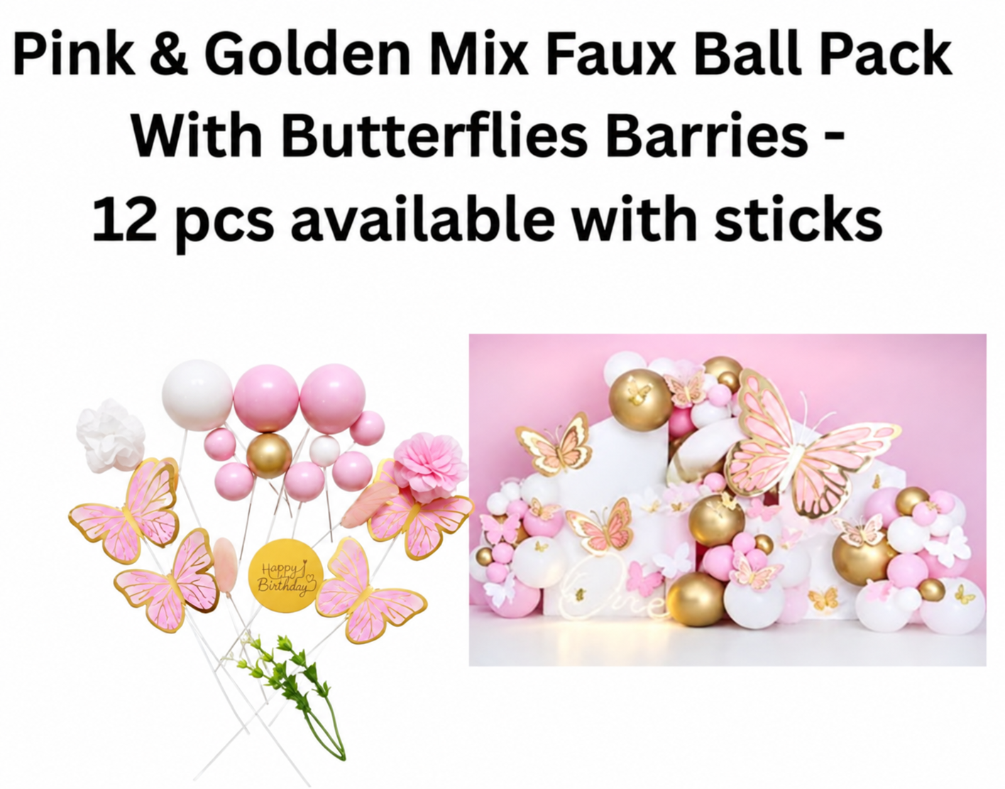 Faux Ball Pink & Golden Mix 12Pcs - With Butterflies Barries