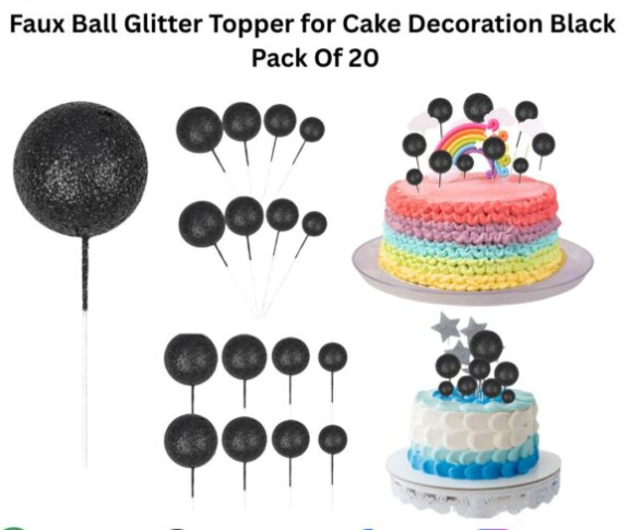 Faux Ball Glitter Topper Black Pack Of 20