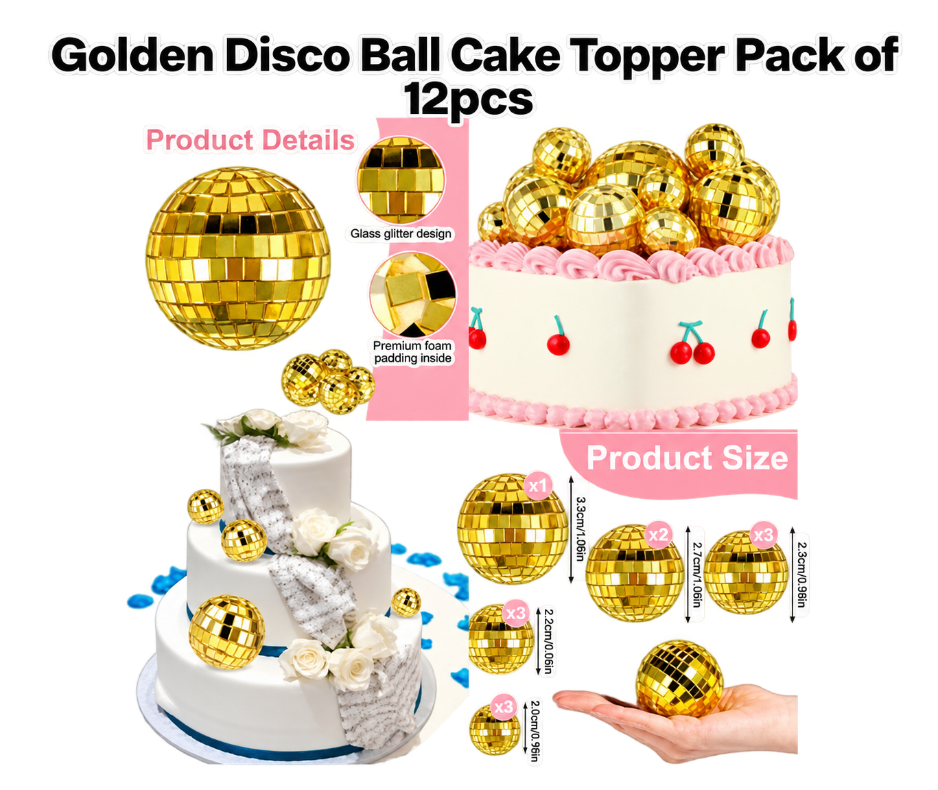 Disco Ball Golden Topper Pack Of 12Pcs