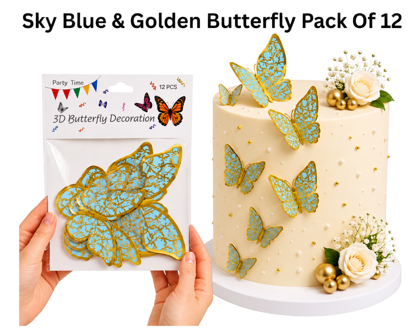 3D Butterfly Decoration Sky Blue & Golden Butterfly Pack Of 12