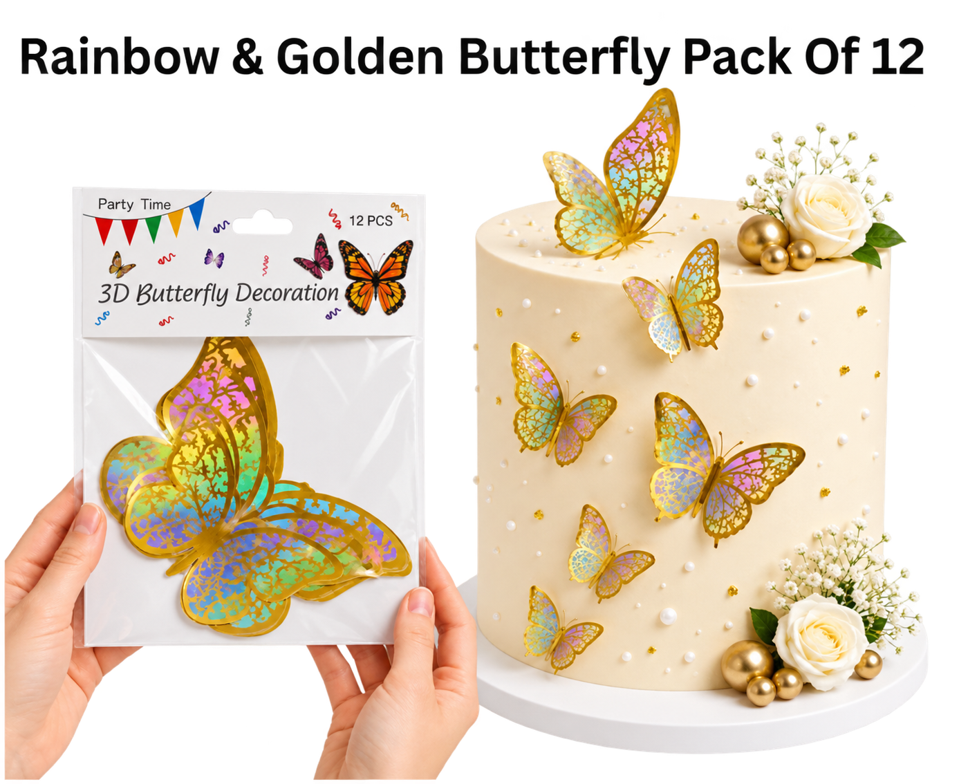 3D Butterfly Decoration Rainbow & Golden Butterfly Pack Of 12