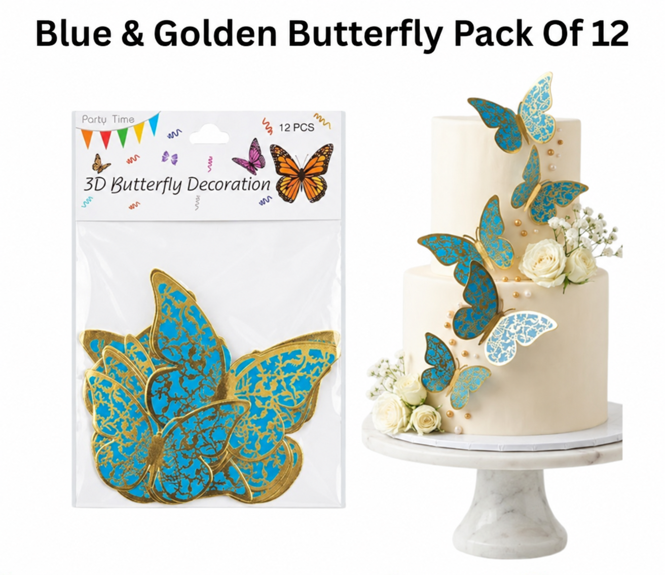 3D Butterfly Decoration Blue & Golden Butterfly Pack Of 12