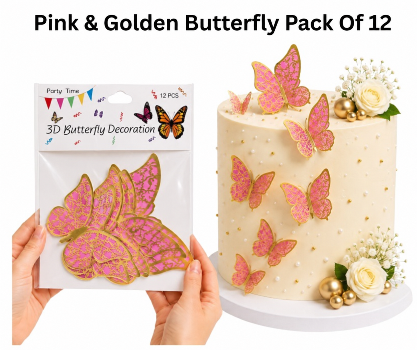 3D Butterfly Decoration Pink & Golden Butterfly Pack Of 12