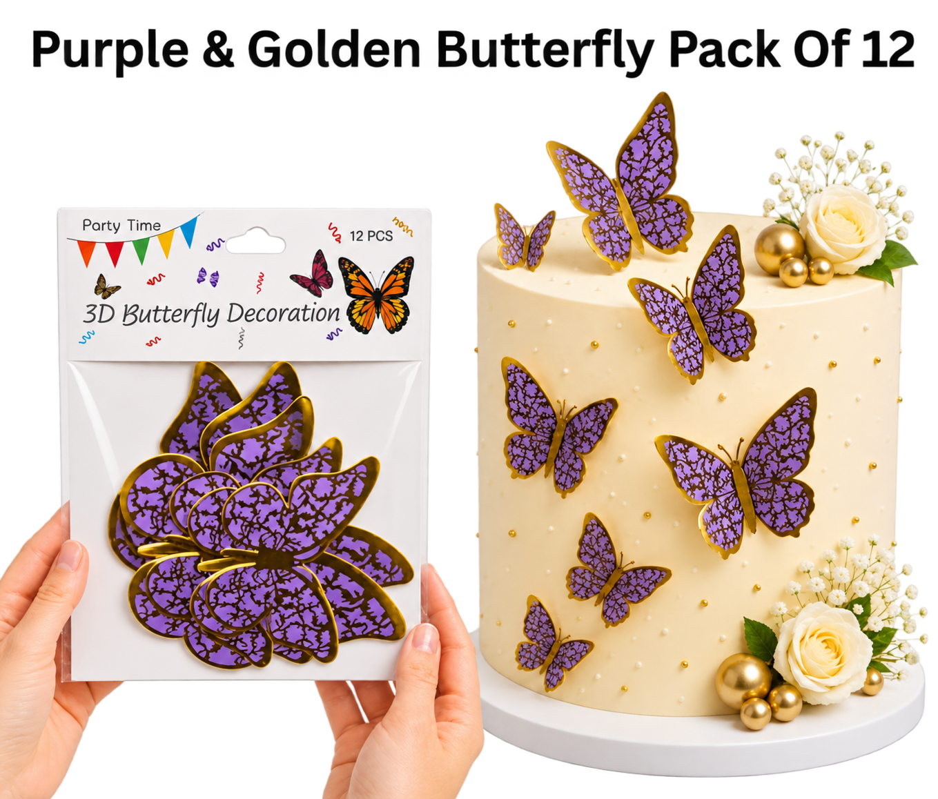 3D Butterfly Decoration Purple & Golden Butterfly Pack Of 12