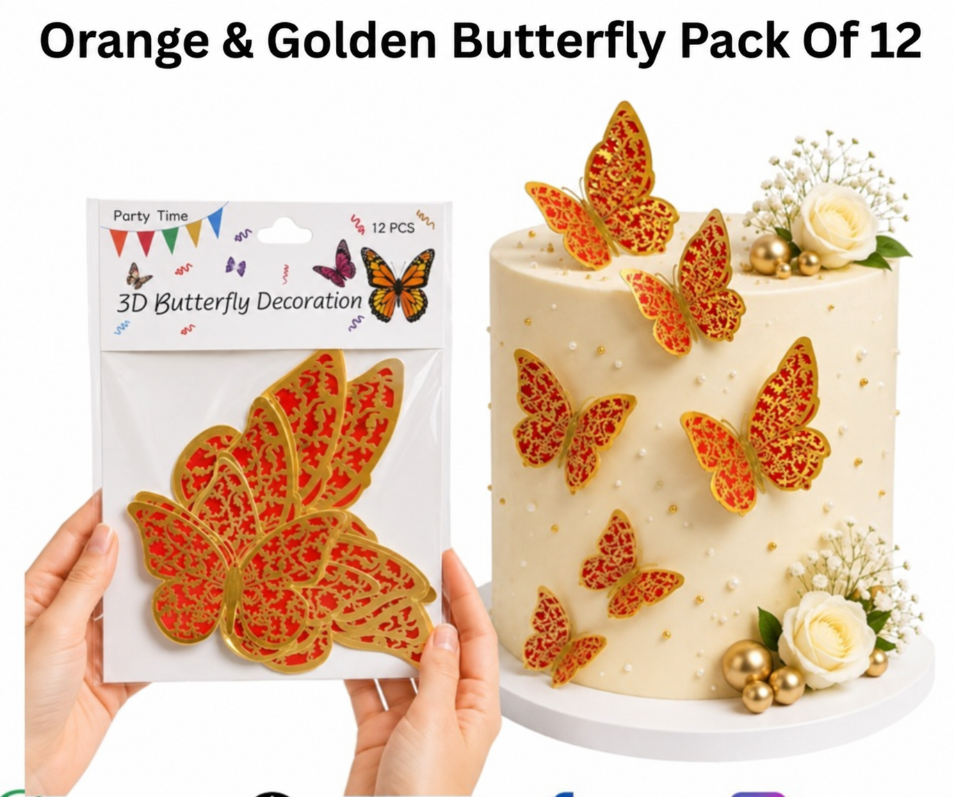 3D Butterfly Decoration Orange & Golden Butterfly Pack Of 12