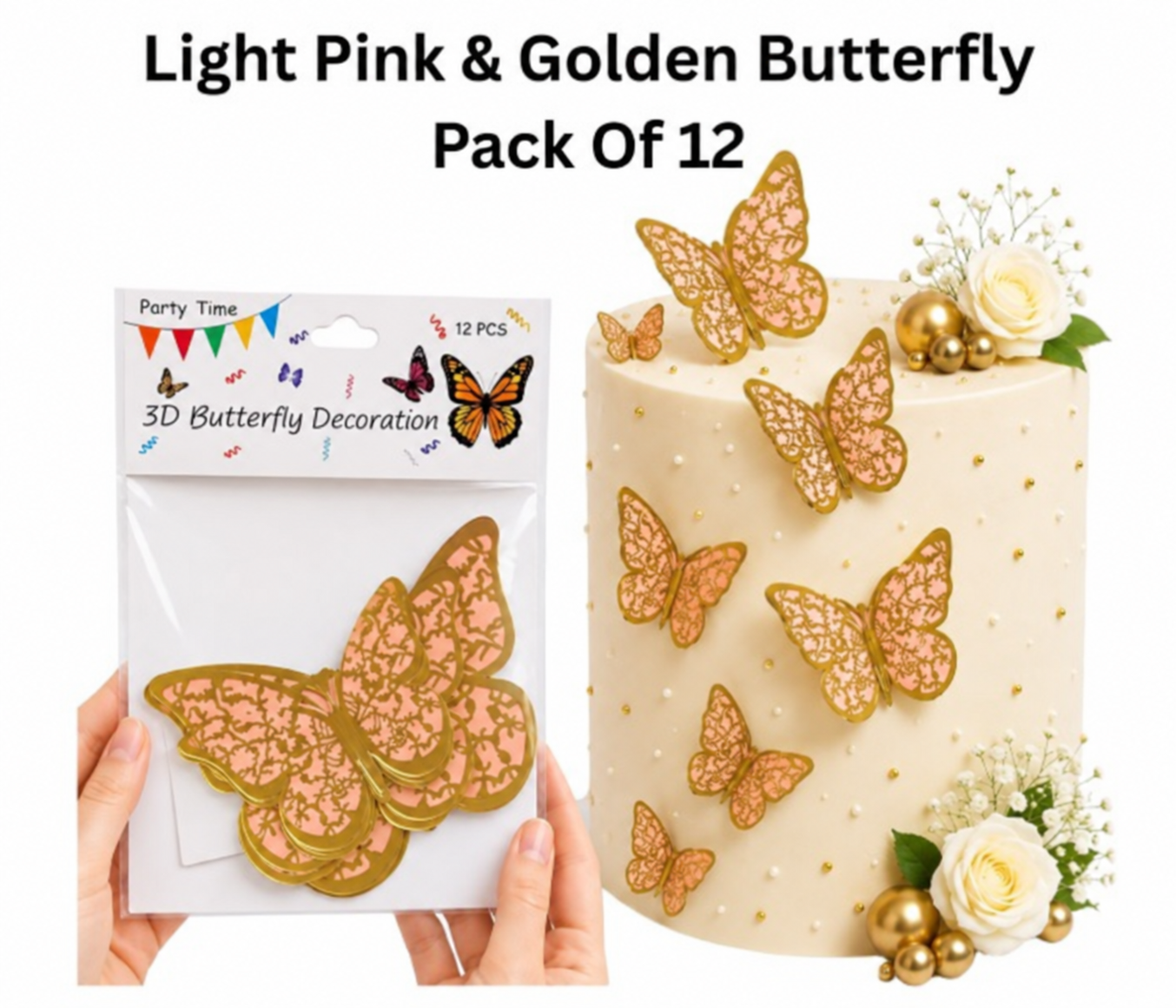 3D Butterfly Decoration Light Pink & Golden Butterfly Pack Of 12